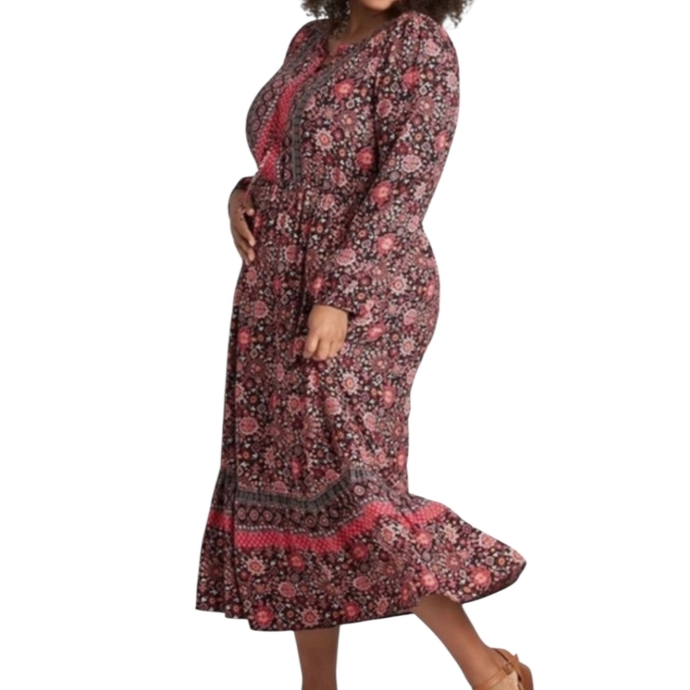 Lane‎ Bryant Red & Black Boho Peasant Midi Dress Size 28
